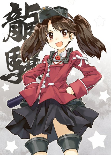 Anime picture 969x1354 with kantai collection ryuujou light aircraft carrier orda single tall image looking at viewer blush short hair open mouth simple background brown hair twintails brown eyes :d grey background character names gradient background hands on hips >:d girl