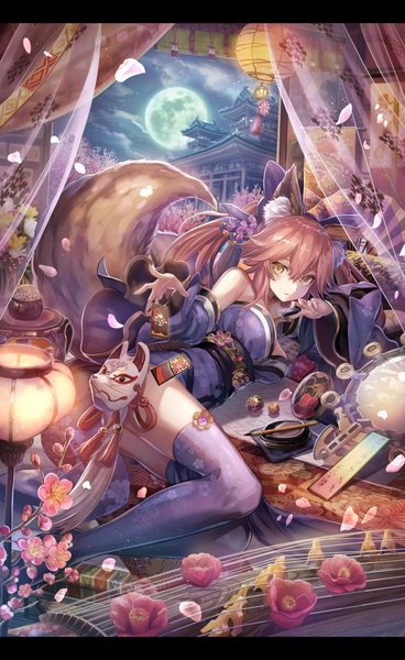 Anime picture 800x1303 with fate (series) fate/extra tamamo (fate) (all) tamamo no mae (fate) torino aqua single long hair tall image looking at viewer fringe breasts light erotic hair between eyes large breasts twintails brown eyes animal ears pink hair cloud (clouds) bent knee (knees)