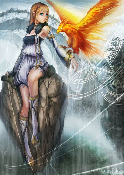Anime picture 2953x4169 with hellcherr single long hair tall image looking at viewer fringe highres blue eyes blonde hair sitting bent knee (knees) lips magic bird on hand girl detached sleeves earrings animal bird (birds) fur