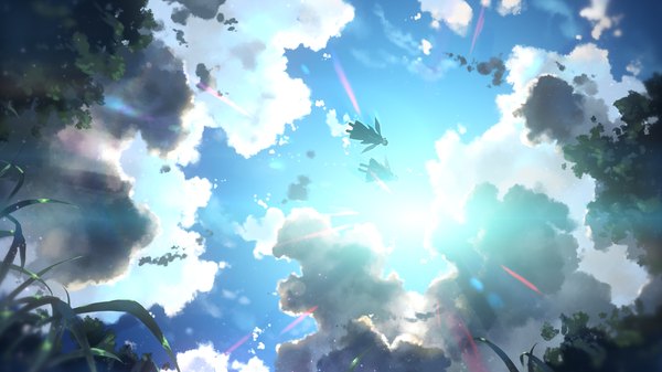 Anime picture 3840x2160 with sword art online a-1 pictures yuuki asuna kirigaya kazuto yuuki tatsuya long hair highres short hair black hair wide image blue hair absurdres sky cloud (clouds) scan lens flare elf flying girl boy