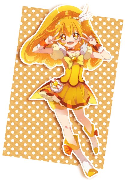 Anime picture 1000x1414 with precure smile precure! cure peace chiyo (rotsurechiriha) single long hair tall image blush open mouth blonde hair ponytail pleated skirt short sleeves orange eyes puffy sleeves victory happy polka dot magical girl polka dot background
