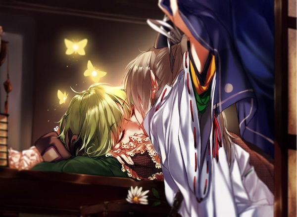 Anime picture 1300x952 with touhou mononobe no futo soga no tojiko hug (yourhug) long hair short hair multiple girls holding ponytail eyes closed traditional clothes japanese clothes green hair grey hair wide sleeves arm support back glowing shoujo ai sleeping