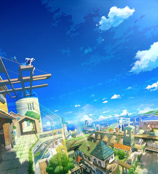 Anime picture 1500x1650 with original yatsude long hair tall image black hair sky cloud (clouds) barefoot city smoke cityscape landscape girl plant (plants) tree (trees) sea building (buildings) witch hat paper airplane smoke stack
