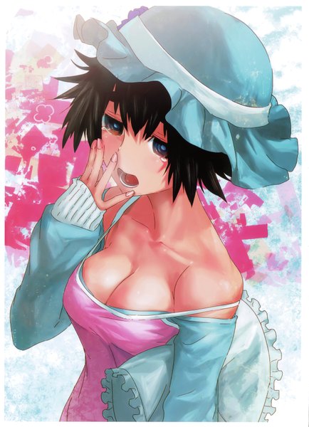 Anime picture 4675x6466 with steins;gate white fox shiina mayuri huke single tall image highres short hair breasts open mouth light erotic black hair bare shoulders brown eyes absurdres cleavage tears yawn girl pillow