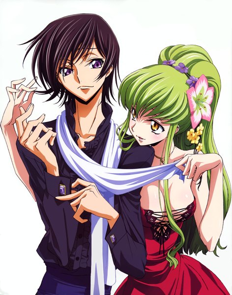 Anime picture 3223x4094 with code geass sunrise (studio) c.c. lelouch lamperouge kimura takahiro long hair tall image blush fringe highres short hair breasts open mouth light erotic simple background brown hair white background purple eyes bare shoulders yellow eyes
