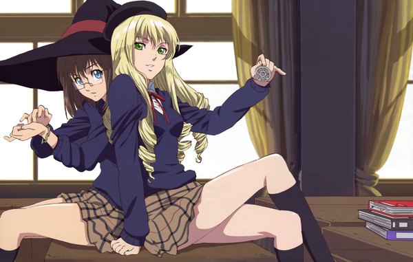 Anime picture 6391x4059 with rental magica zexcs honami takase ambler adilicia ren mathers akai toshifumi long hair looking at viewer highres short hair blue eyes blonde hair brown hair multiple girls green eyes scan crossed legs girl skirt uniform 2 girls