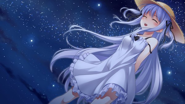 Anime picture 1280x720 with sangoku hime unicorn-a single long hair blush smile wide image game cg sky white hair eyes closed night loli girl hat star (stars) sundress