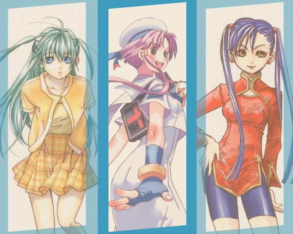 Anime picture 1280x1024 with aria mizunashi akari alice carroll aika s granzchesta amano kozue long hair fringe short hair open mouth blue eyes smile hair between eyes twintails multiple girls yellow eyes blue hair pink hair traditional clothes :d aqua hair