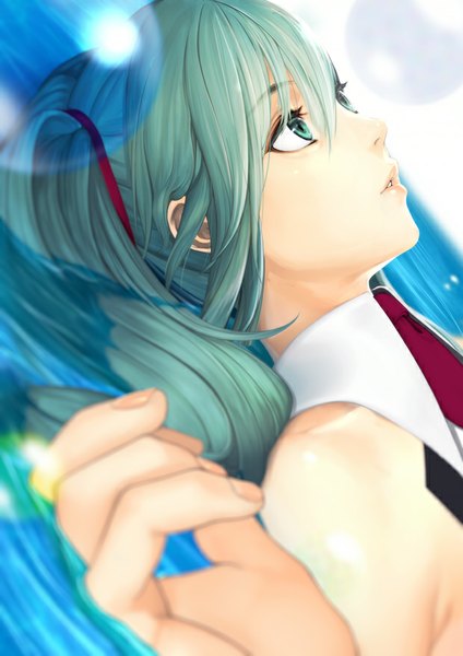 Anime picture 620x877 with vocaloid hatsune miku simuka (kazakami) long hair tall image open mouth looking away aqua eyes aqua hair looking up close-up girl water necktie