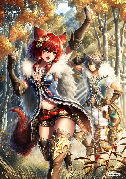 Anime picture 709x1001 with original mimero (mi meronpan) long hair tall image looking at viewer fringe short hair open mouth black hair smile hair between eyes twintails signed animal ears yellow eyes looking away ahoge red hair tail head tilt
