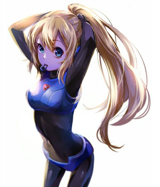 Anime picture 773x900 with yuzuki kihiro single long hair tall image looking at viewer fringe blue eyes simple background blonde hair standing white background holding ponytail sunlight leaning leaning forward mouth hold adjusting hair arms behind head arched back