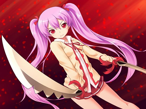 Anime picture 1024x768 with ouka sengoku! long hair red eyes twintails pink hair game cg girl sword