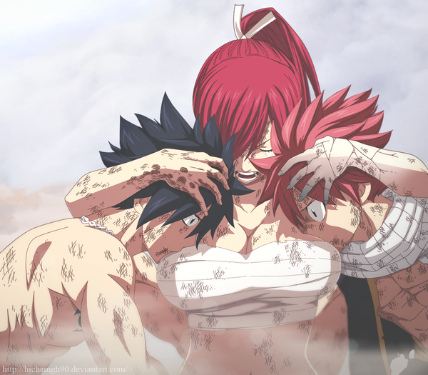 Anime picture 1280x1122 with fairy tail erza scarlet natsu dragneel gray fullbuster advance996 hichamgh90 long hair fringe short hair breasts open mouth light erotic black hair looking away ponytail red hair eyes closed profile hair over one eye multiple boys