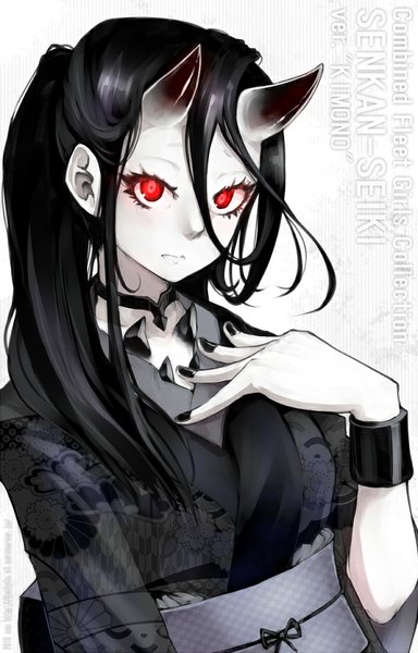 Anime picture 650x1015 with kantai collection battleship-symbiotic hime oso (pixiv) single long hair tall image looking at viewer blush black hair hair between eyes red eyes nail polish traditional clothes japanese clothes horn (horns) inscription floral print monochrome oni horns white skin