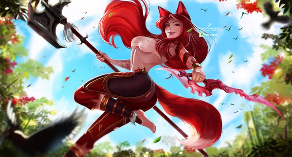 Anime picture 1200x647 with original olchas single long hair looking at viewer breasts light erotic red eyes wide image standing holding signed animal ears sky bent knee (knees) ass red hair tail animal tail barefoot
