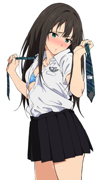 Anime picture 678x1200 with idolmaster idolmaster cinderella girls shibuya rin yoshiki360 single long hair tall image blush fringe light erotic black hair simple background white background green eyes pleated skirt open clothes open shirt embarrassed girl skirt