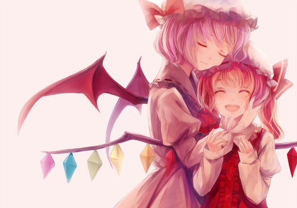 Anime picture 2000x1404 with touhou flandre scarlet remilia scarlet tsukimiya kamiko blush highres short hair open mouth simple background multiple girls purple hair red hair eyes closed hug girl dress 2 girls wings bonnet