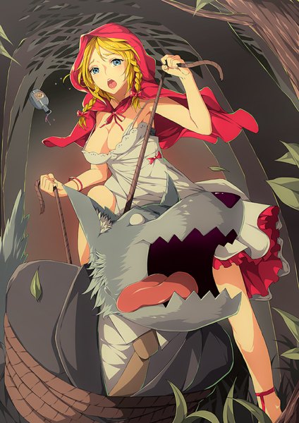 Anime picture 763x1080 with little red riding hood little red riding hood (character) big bad wolf viola (seed) long hair tall image fringe open mouth blue eyes light erotic blonde hair cleavage braid (braids) from below sleeveless twin braids eyebrows bondage dress bow
