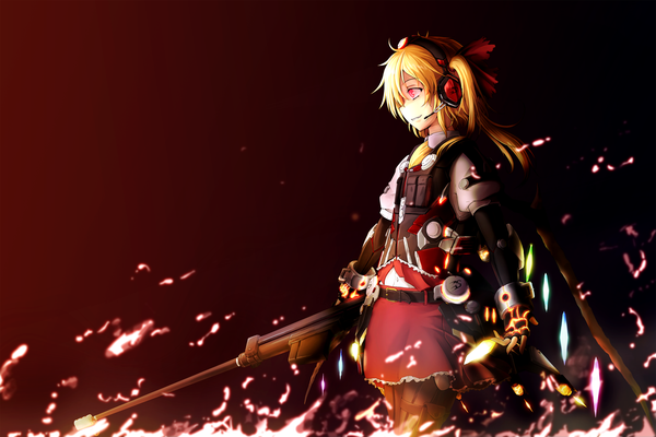 Anime picture 2250x1500 with touhou flandre scarlet freeze-ex single long hair highres blonde hair red eyes looking away profile girl gloves weapon wings headphones fingerless gloves gun
