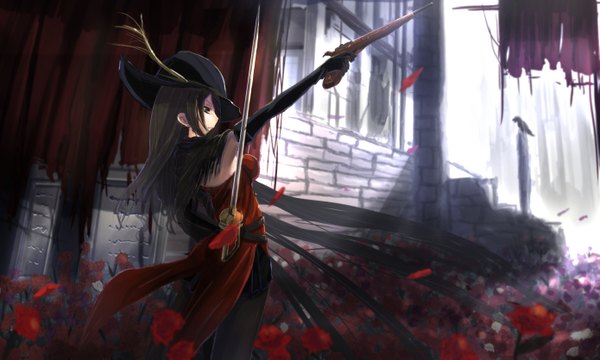 Anime picture 1389x835 with original kikivi single long hair blush black hair wide image profile black eyes arms up serious brick wall girl dress skirt gloves flower (flowers) weapon hat earrings