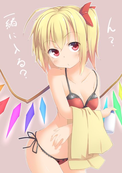 Anime picture 1040x1470 with touhou flandre scarlet spirytus tarou single tall image looking at viewer blush short hair light erotic blonde hair red eyes one side up girl underwear panties wings crystal