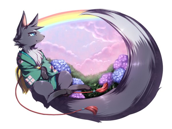 Anime picture 1440x1080 with original konshin single blue eyes animal ears cloud (clouds) tail traditional clothes japanese clothes animal tail flower (flowers) animal rainbow fox