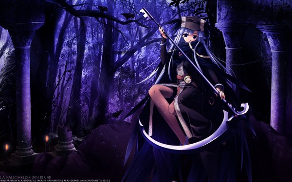 Anime picture 1920x1200 with highres blue eyes wide image blue hair very long hair girl thighhighs plant (plants) hat tree (trees) forest scythe