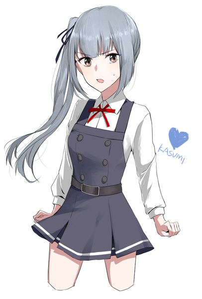 Anime picture 850x1254 with kantai collection kasumi destroyer morinaga (harumori) single long hair tall image open mouth simple background white background brown eyes payot grey hair character names side ponytail remodel (kantai collection) girl dress uniform school uniform shirt