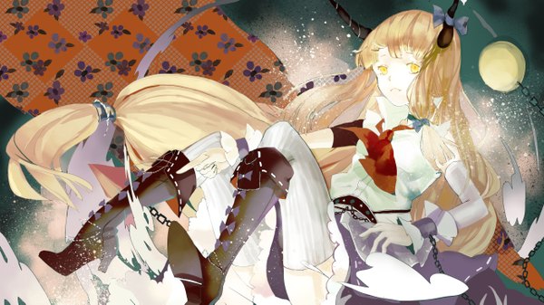 Anime picture 5152x2898 with touhou ibuki suika nibanmachi wakai single fringe highres blonde hair wide image yellow eyes absurdres very long hair horn (horns) girl thighhighs skirt bow ribbon (ribbons) hair bow detached sleeves white thighhighs