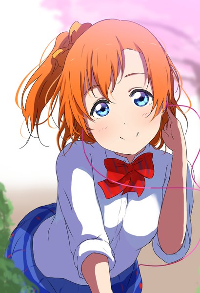 Anime picture 618x903 with love live! school idol project sunrise (studio) love live! kousaka honoka icehotmilktea single tall image looking at viewer blush short hair blue eyes smile outdoors head tilt orange hair leaning leaning forward one side up twisty sleeves girl