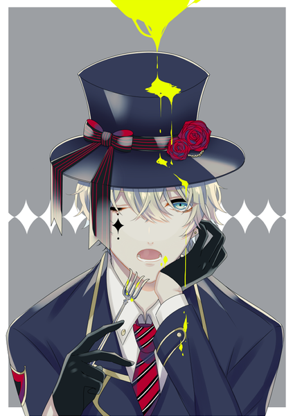 Anime picture 635x900 with original umeno shii single tall image fringe short hair blue eyes hair between eyes holding one eye closed arm support boy gloves flower (flowers) black gloves necktie rose (roses) red rose fork