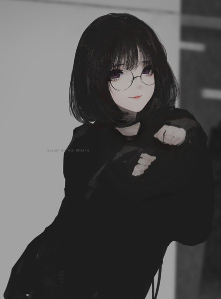 Anime picture 1920x2601 with original aoi ogata single tall image looking at viewer highres short hair black hair purple eyes signed light smile sleeves past wrists monochrome girl glasses