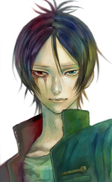 Anime picture 629x1022 with katekyou hitman reborn rokudo mukuro sato single tall image looking at viewer short hair blue eyes simple background red eyes white background blue hair tears heterochromia bloody tears boy blood