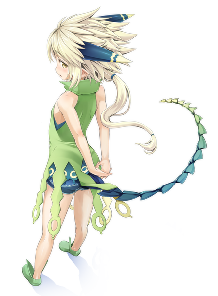 Anime picture 934x1267 with summon night corlal (summon night) ell single long hair tall image blush blonde hair simple background standing white background yellow eyes tail looking back from behind androgynous clothes