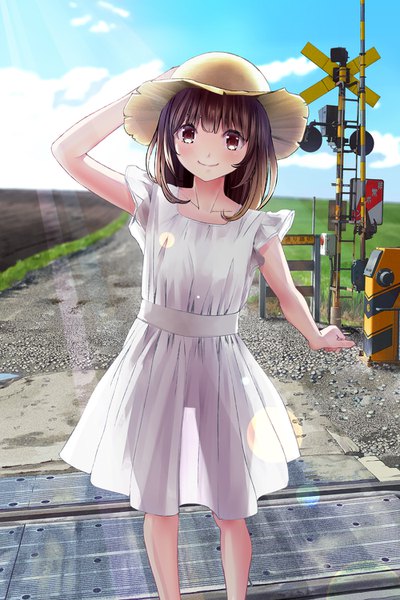 Anime picture 1000x1500 with original chikuwa (odennabe) single long hair tall image blush light erotic smile brown hair standing brown eyes sky cloud (clouds) head tilt sunlight lens flare arm behind head see-through silhouette railroad crossing girl