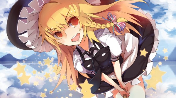 Anime picture 1288x725 with touhou kirisame marisa rain lan long hair looking at viewer open mouth blonde hair wide image cloud (clouds) braid (braids) orange eyes girl dress star (symbol) witch hat