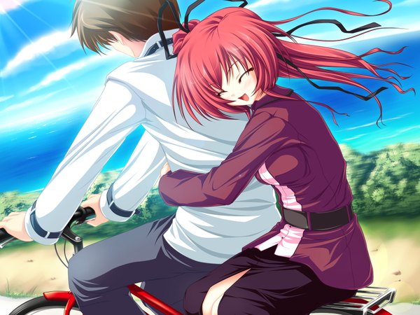 Anime picture 1600x1200 with magus tale whirlpool (studio) seera finis victoria amagase daiki tenmaso long hair blush short hair open mouth brown hair game cg sky ponytail red hair eyes closed wind hug side ponytail happy hug from behind