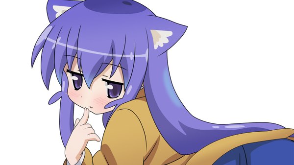 Anime picture 1500x844 with acchi kocchi miniwa tsumiki tagme (artist) single long hair blush simple background wide image white background purple eyes animal ears purple hair animal tail looking back cat ears cat girl finger to mouth girl