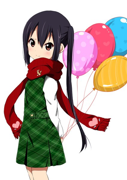 Anime picture 1200x1697 with k-on! kyoto animation nakano azusa ragho no erika single long hair tall image looking at viewer blush black hair simple background smile white background twintails brown eyes hands behind back plaid girl dress scarf