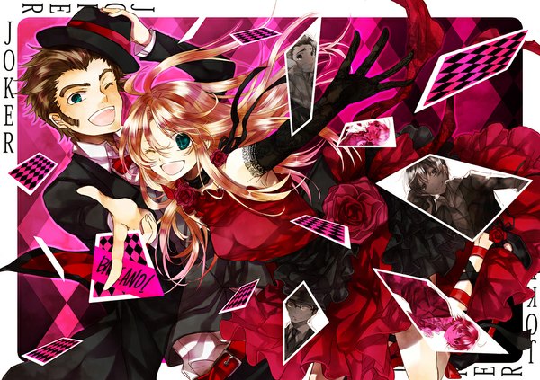 Anime picture 1032x728 with baccano! firo prochainezo miria harvent isaac dian jacuzzi splot nice holystone ennis maiza avaro ta eiko brown hair green eyes pink hair couple dress gloves hat card (cards)