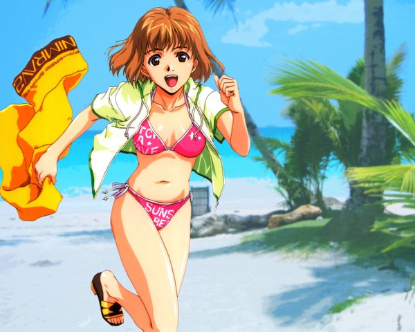 Anime picture 1280x1024 with horibe hiderou single looking at viewer fringe short hair open mouth brown hair holding brown eyes sky outdoors shadow short sleeves beach happy running girl swimsuit plant (plants) bikini