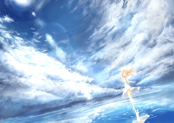 Anime picture 3541x2504 with original yashigaras single long hair looking at viewer highres open mouth standing bare shoulders absurdres sky cloud (clouds) bent knee (knees) looking back barefoot sunlight orange hair bare legs orange eyes no shoes