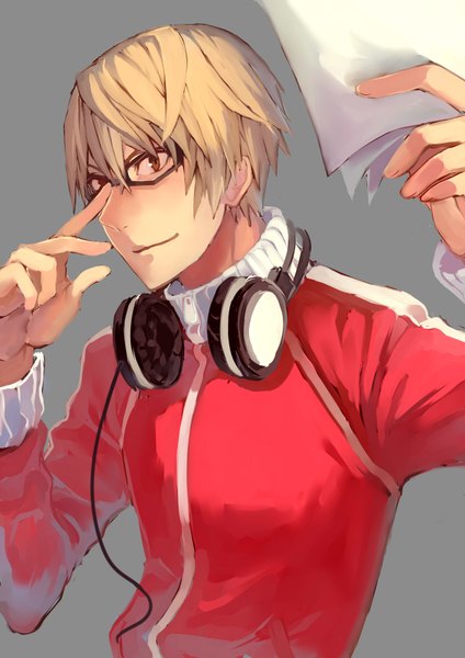 Anime picture 2480x3507 with bakuman. j.c. staff akito takagi kurenai907 single tall image fringe highres short hair simple background blonde hair hair between eyes brown eyes looking away light smile grey background headphones around neck adjusting glasses boy glasses