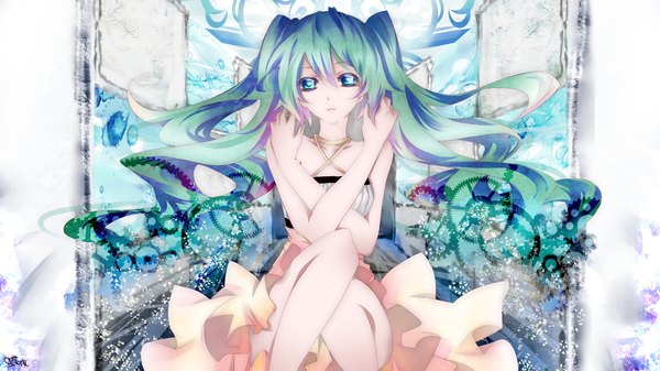 Anime picture 1700x956 with vocaloid hatsune miku tyouya single long hair highres blue eyes wide image twintails bare shoulders blue hair aqua hair girl dress gears
