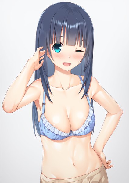 Anime picture 847x1200 with eromanga sensei a-1 pictures takasago tomoe mikazuchi zeus single long hair tall image looking at viewer blush fringe open mouth light erotic simple background white background bare shoulders blue hair upper body blunt bangs one eye closed aqua eyes