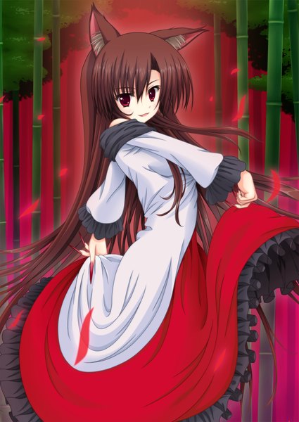 Anime picture 1417x1998 with touhou imaizumi kagerou nuenue single long hair tall image looking at viewer open mouth red eyes brown hair animal ears girl dress plant (plants) bamboo