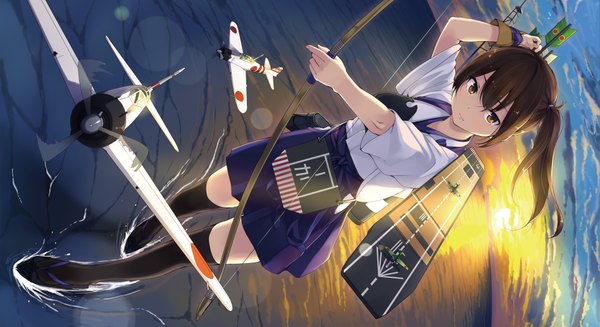 Anime picture 7579x4134 with kantai collection kaga aircraft carrier unasaka ryou single long hair looking at viewer highres brown hair wide image brown eyes absurdres ponytail traditional clothes japanese clothes side ponytail evening sunset archery girl thighhighs