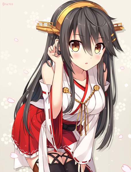 Anime picture 880x1156 with kantai collection haruna battleship rin yuu single long hair tall image looking at viewer blush fringe breasts black hair simple background brown eyes signed bent knee (knees) parted lips wide sleeves leaning leaning forward adjusting hair