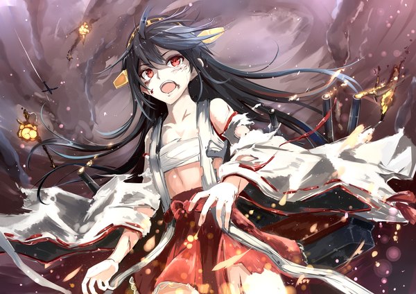 Anime picture 1771x1254 with kantai collection haruna battleship hidaka kouyou single long hair fringe highres open mouth light erotic black hair hair between eyes red eyes bare shoulders looking away traditional clothes japanese clothes pleated skirt wind teeth tears