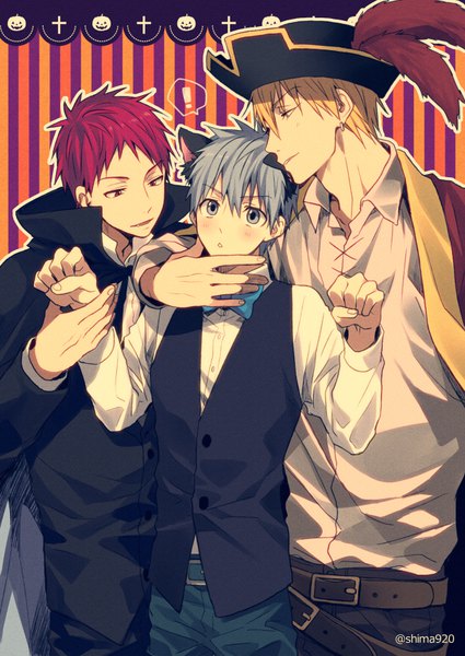 Anime picture 600x847 with kuroko no basket production i.g kuroko tetsuya kise ryouta akashi seijuurou mashima shima tall image blush fringe short hair blue eyes blonde hair hair between eyes red eyes signed animal ears yellow eyes blue hair red hair profile